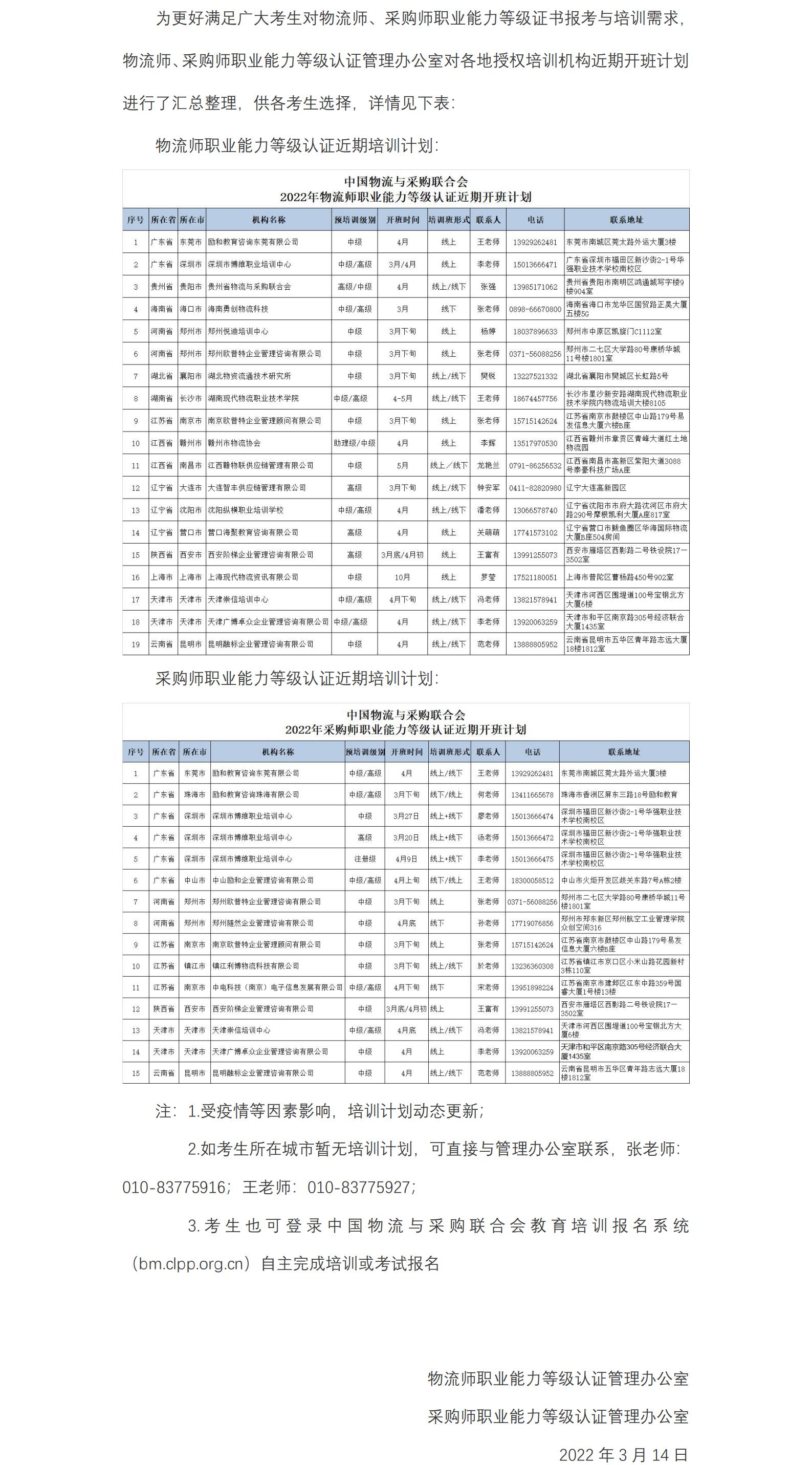 物流师、采购师2022年度春季培训计划汇总（一）